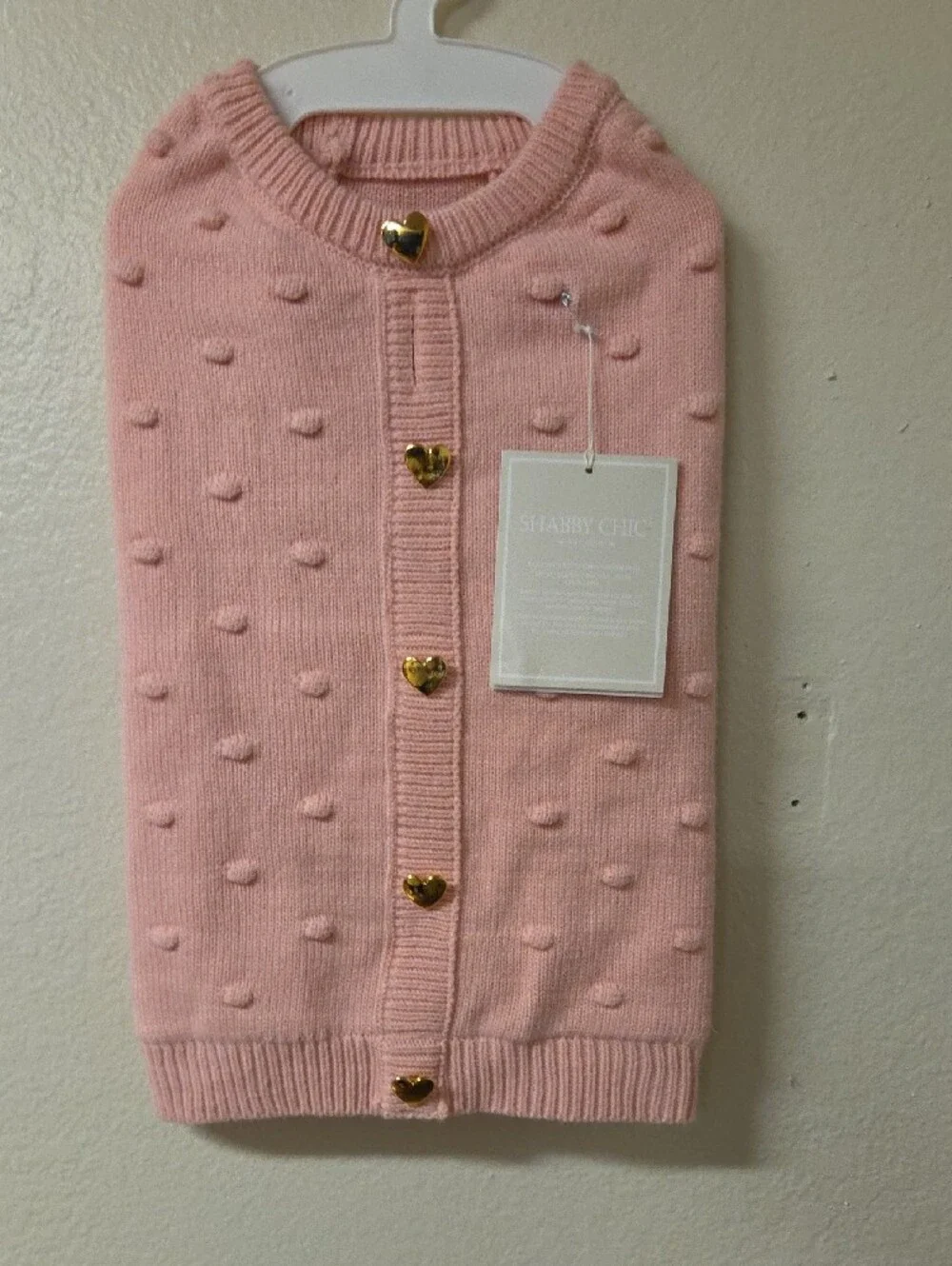 Shabby Chic Boutique Pink Bobble-Knit Dog Cardigan with Gold Heart Buttons